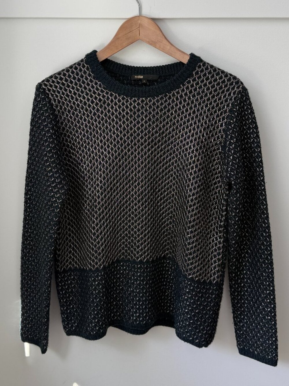 MAJE Navy Blue & Silver Metallic Knit Pullover Crewneck Sweater - Size 3 / L